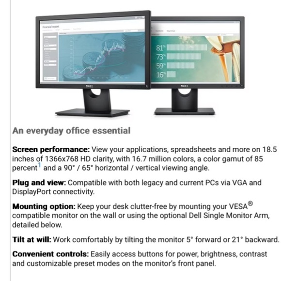 Dell E1916H 18.5" Widescreen LED-Backlit LCD Monitor,Black - Picture 9 of 11